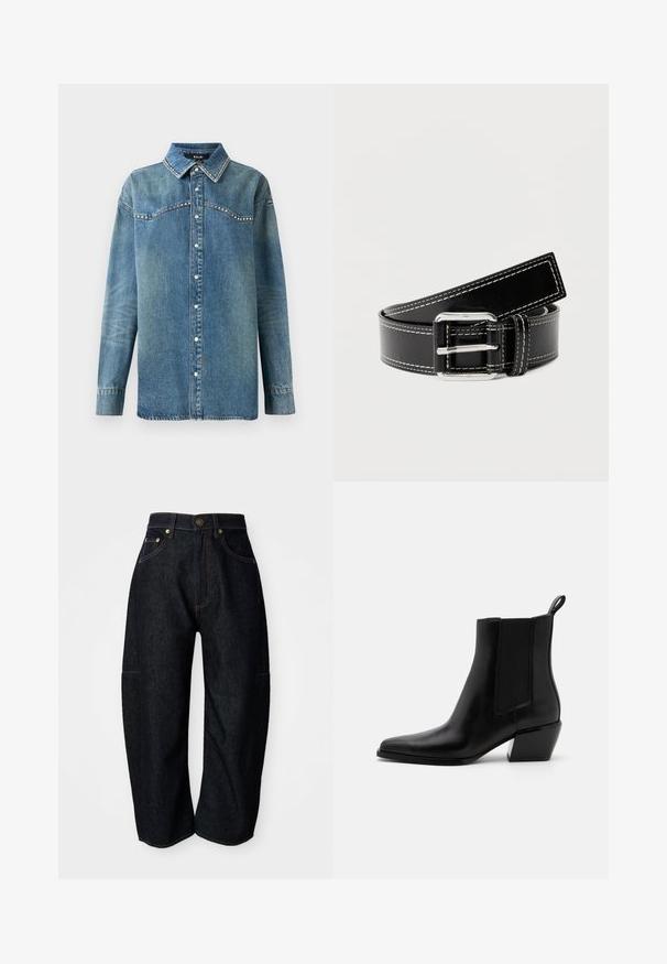 Chemise en denim bleu à manches longues avec boutons-pression, col pointu et détails en strass le long du devant et des bords du col.; Jean en denim foncé à coupe décontractée, avec des coutures orange discrètes, des poches avant et une taille plate avec une fermeture à bouton.; Bottines en cuir noir avec un bout pointu, des panneaux élastiques sur les côtés et un petit talon carré. Elles disposent d'une languette au talon pour un enfilage facile.; Ceinture en cuir noir avec surpiqûres blanches et boucle rectangulaire argentée, enroulée sur un fond clair uni.