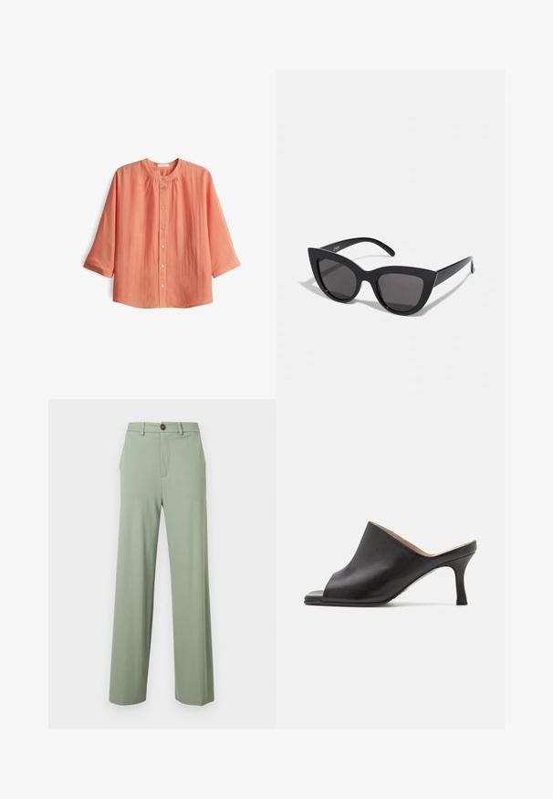 Koraal kleurige blouse met een ronde halslijn en driekwart mouwen. Gemaakt van een lichtgewicht stof met een gestructureerde afwerking en geplooide details.; Lichtgroene rechte broek met riemlussen, zijzakken en een knoopsluiting in de tailleband.; Selected ASHLEY - Muiltjes met hak - black; Zwarte cat-eye zonnebril met een matte afwerking, voorzien van grijs getinte glazen, scherpe hoeken en slanke zijarmen. Merkennaam zichtbaar op de binnenarm.