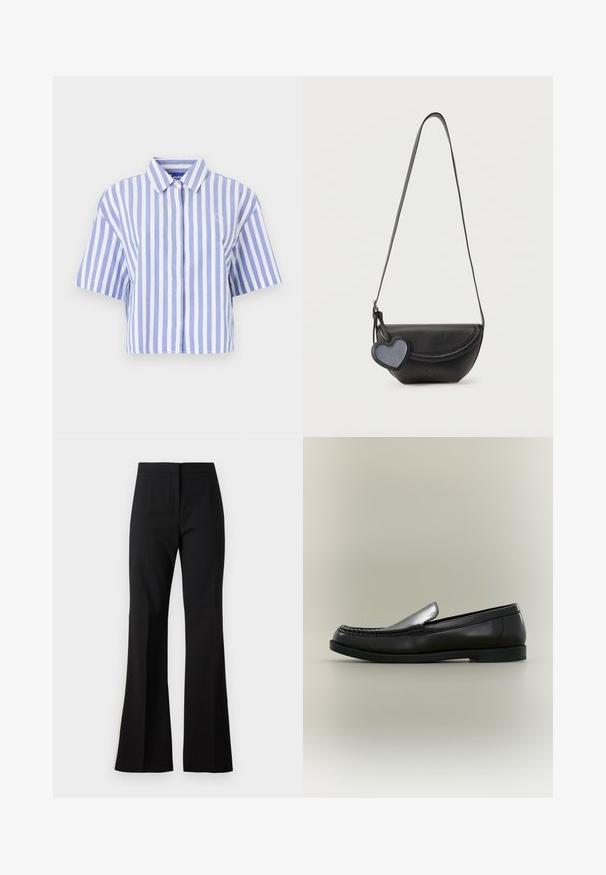 Chemise à manches courtes coupée, rayée verticalement en bleu clair et blanc, avec devant boutonné, col classique, tissu doux et texturé.; Pantalon noir évasé en tissu lisse, avec une taille haute, des plis sur le devant et une finition nette aux ourlets.; Mocassin en cuir noir avec couture moc toe, petit talon et design à enfiler sur fond neutre.; Sac à bandoulière en cuir noir avec rabat arrondi et un porte-clé en forme de cœur suspendu sur un fond clair uni.