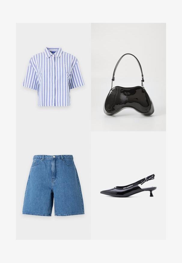 Chemise à manches courtes coupée, rayée verticalement en bleu clair et blanc, avec devant boutonné, col classique, tissu doux et texturé.; Shorts en denim bleu moyen, présentant une taille haute, deux poches avant et un design classique à cinq poches avec des détails de couture.; Escarpin slingback à talon kitten en cuir verni noir avec bout pointu et bride élastique de marque portant l'inscription "KARL LAGERFELD".; Sac à main en cuir verni noir avec une forme incurvée unique, une anse courte et ajustable, et une fermeture zippée. Texture lisse avec un branding discret.