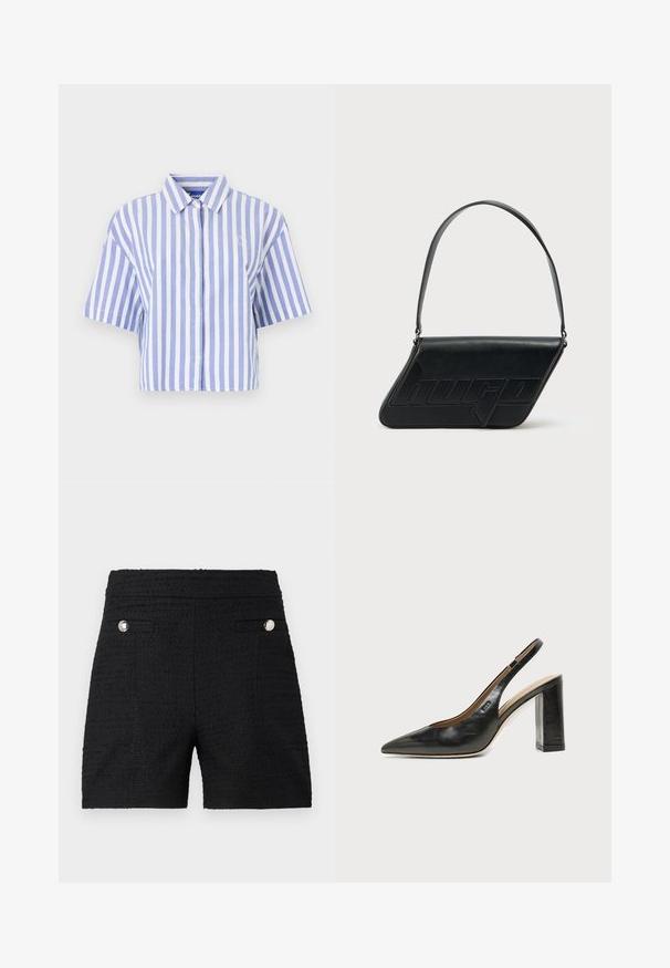 Chemise à manches courtes coupée, rayée verticalement en bleu clair et blanc, avec devant boutonné, col classique, tissu doux et texturé.; Shorts noirs en tissu texturé, dotés de deux poches avant avec des accents argentés et d'une taille lisse.; Chaussure slingback en cuir noir à bout pointu avec un talon bloc haut et une doublure intérieure beige sur un fond clair uni.; Sac d'épaule en cuir noir de forme triangulaire, avec un logo embossé et une seule bandoulière réglable. Design minimaliste avec une texture lisse.