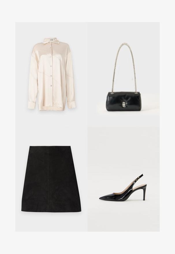 AERON ABIGAIL SHIRT - Hemdbluse - silver; Schwarzer Minirock aus Wildleder mit einfachem, geradem Schnitt, glatter Textur und einer Naht in der Mitte. Keine sichtbaren Beschläge oder Verzierungen.; Schwarz lackierte Slingback-Pumps mit spitzem Zehenbereich, schlankem Absatz und einem subtilen Ausschnittdesign. Verfügt über eine goldene Schnalle am Riemen.; Schwarze Lederhandtasche mit silbernem Kettenriemen und silbernem Verschluss, vor einem schlichten, hellen Hintergrund dargestellt.