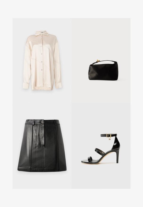 AERON ABIGAIL SHIRT - Blusa - silver; Falda de cuero negro con una forma estructurada, que cuenta con un bolsillo frontal y un accesorio metálico en la cintura. Textura suave y detalles de costura.; Sandalia de charol negro con tres correas, hebilla en el tobillo y tacón de aguja de 10 cm. Presenta detalles de hardware en oro y un charm con el logo.; Bolsa de terciopelo negro con forma redondeada, un asa superior y un cierre de acento dorado. Textura suave con un diseño minimalista.