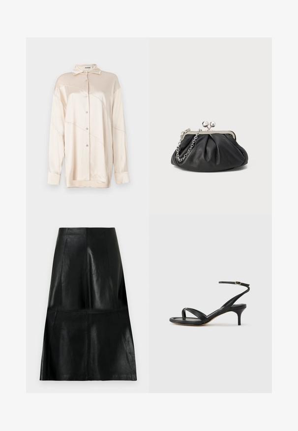 AERON ABIGAIL SHIRT - Blusa - silver; Falda de cuero negra hasta la rodilla con costuras de paneles verticales y horizontales, ligeramente acampanada en la parte inferior.; Sandalia negra de cuero para mujer con tiras finas, un lazo para el dedo del pie, hebilla en el tobillo y tacón de aguja de altura media sobre un fondo neutro.; Clutch de cuero negro con textura arrugada, marco de metal en tono plateado, cierre de beso y cadena para colgar. Superficie suave y lisa.