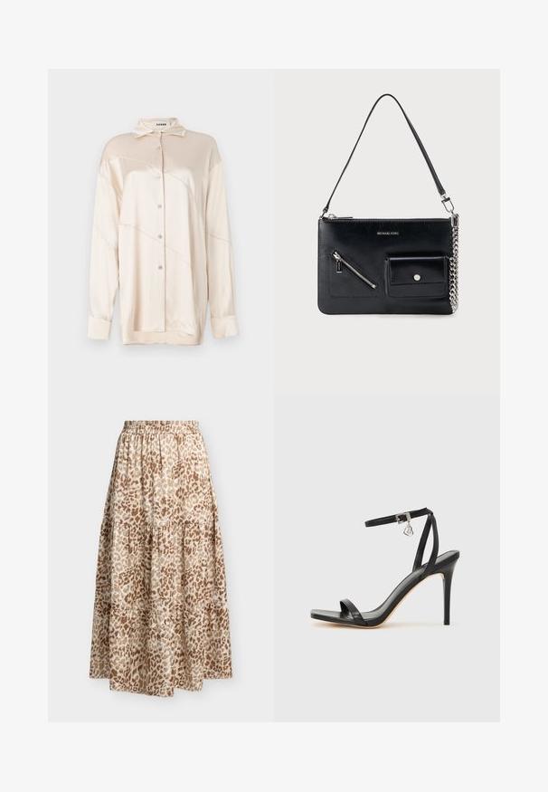 AERON ABIGAIL SHIRT - Overhemdblouse - silver; Beige en bruine lange rok met luipaardprint, elastische tailleband en gelaagd geplooid stofontwerp.; Zwarte sandaal met hoge hak, smalle enkelband, vierkante neus, soepel leermateriaal en metalen gespsluiting.; Zwarte leren schoudertas van Michael Kors met een bovenste rits, een diagonale voorzak met rits, een klepzak met drukknop en een zilverkleurig kettinkdetail.