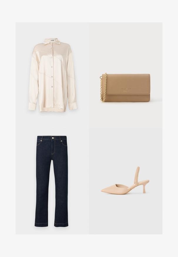AERON ABIGAIL SHIRT - Blusa - silver; Vaqueros de mezclilla azul oscuro de pierna recta con botón frontal, cremallera y costuras naranjas sobre fondo blanco.; Zapato slingback beige de punta afilada con un tacón cuadrado bajo. Material sintético suave, lados abiertos y detalles de diseño minimalistas.; Cartera de cuero beige con diseño de solapa, correa de cadena dorada y detalles de logo en relieve en la parte frontal. Textura suave, forma rectangular.