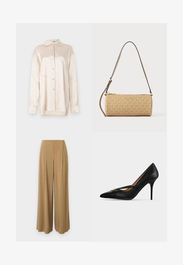 AERON ABIGAIL SHIRT - Hemdbluse - silver; Weit geschnittene Hosen aus einem hellbraunen Stoff mit glatter Textur, dezenten Falten und einem hohen Bund für einen maßgeschneiderten Look.; Schwarzer Leder High-Heel-Schuh mit spitzer Schuhspitze und schmalem Riemen über dem Spann, befestigt mit einer kleinen goldenen Schnalle auf einfarbigem Hintergrund.; Beige zylindrische Michael Kors Handtasche mit wiederholtem Logo-Muster, goldenem Reißverschluss und verstellbarem dunkelbraunem Schultergurt.