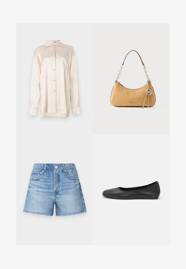 AERON ABIGAIL SHIRT - Nööpidega pluus - silver; Heledatibesed pestlõikega teksapüksid, millel on klassikaline viie taskuga disain, eesmine nööpidega sulgemine ja sirge sääre lõige ning sile pind.; Musthave mustika tantsutossud mustast nahast, ümmarguse varbaga, siledast tekstuurist, minimaalse õmblusdetailiga ja paindliku tallakujundusega.; Tööpisteline pruun nahast Michael Korsi käekott hõbedase kettkäepideme, logo ripatsiga ja ees "MICHAEL KORS" kirjaga.