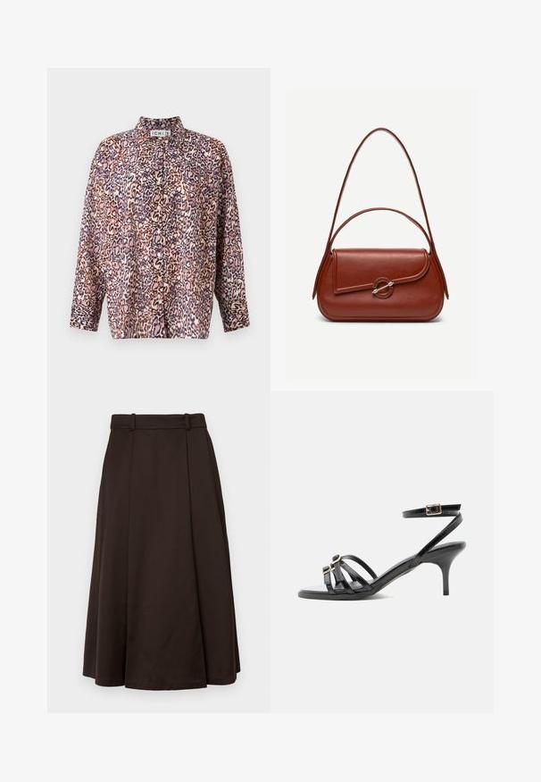 Bedruckte Bluse mit einem Leopardenmuster in Pink, Braun und Blau. Sie hat einen Kragen, eine Knopfleiste und lange Ärmel mit geknöpften Manschetten.; Brauner, plissierter A-Linien-Rock aus glattem Material, mit einem Taillenbund und einem fließenden Design in mittlerer Länge.; Schwarze Ledersandale mit Riemchen, Kittenabsatz, quadratischer Spitze, zwei vorderen Schnallen und einem Knöchelriemen mit goldener Schnalle.; Braune Leder-Schultertasche mit abgerundeter rechteckiger Form, asymmetrischer Klappe, silbernem runden Verschluss und zwei dünnen Riemen.