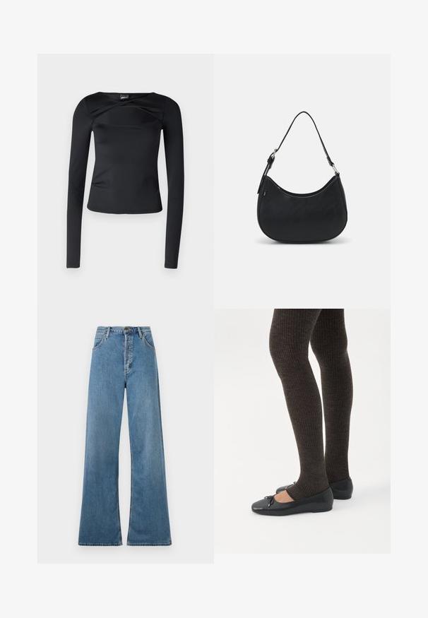 Top negro de manga larga hecho de una tela suave. Presenta un amplio escote redondo y un detalle retorcido en la parte frontal, con una silueta ajustada.; Jeans de pierna ancha de color azul claro con una cintura alta, que presentan bolsillos frontales y una cremallera, exhibidos sobre un fondo blanco.; Piernas con leggings oscuros acanalados combinados con bailarinas negras que presentan pequeños detalles de lazo sobre un fondo blanco.; Bolso hobo negro hecho de cuero suave con una silueta curva, que cuenta con una sola correa ajustable y detalles de diseño minimalistas.