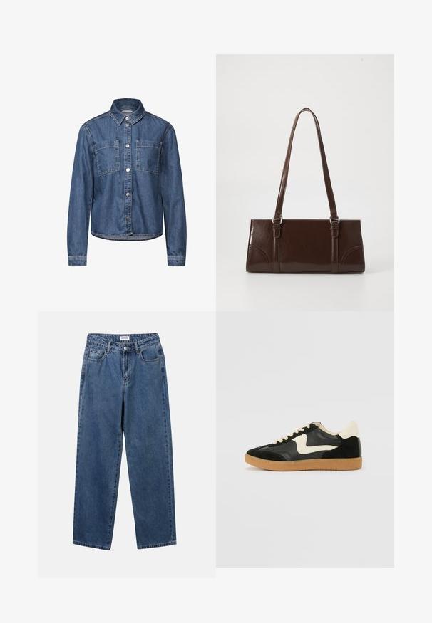 Denim takki, jossa on kauluksellinen kaula, kaksi rintataskua, nappikiinnitys ja pitkät hihat. Ominaisuuksina vaaleansininen väri ja hienovaraiset ompelutiedot.; Classiset siniset farkut suoran lahkeen muotoilulla, viidellä taskulla ja napillakaan. Ominaisuudet: keskivahva pesu ja kestävä rakenne.; Mustat mokka- ja nahkakengät, joissa on kermaisen valkoinen sivupainatus ja vaalea kermaisine kantapää. Varustettu beigeillä nauhoilla ja kumista valmistetulla ulkopohjalla.; Ruskea patentoitu nahkalaukku, jossa on suorakaiteen muotoinen malli, kaksi pitkää kantohihnaa ja hienovaraiset kaarevat yksityiskohdat etuosassa.