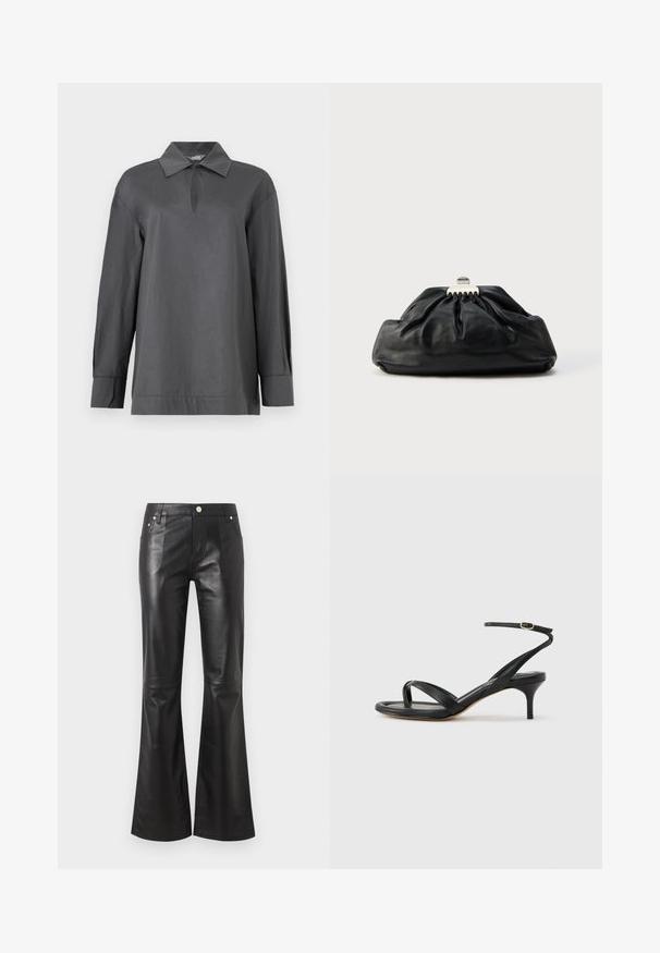 Chemise à manches longues gris foncé avec col, encolure en forme de goutte et larges poignets, présentée sur un fond blanc uni.; Pantalon taille haute en simili cuir noir avec jambes évasées, fermeture devant par bouton et fermeture éclair, poches devant et derrière.; Sandale pour femme en cuir noir avec fines lanières, une boucle d'orteil, une boucle à la cheville et un talon aiguille de hauteur moyenne sur un fond neutre.; Pochette en cuir noir avec une texture plissée, fermeture à fermoir métallique, et logo embossé discret sur le devant. Forme arrondie.