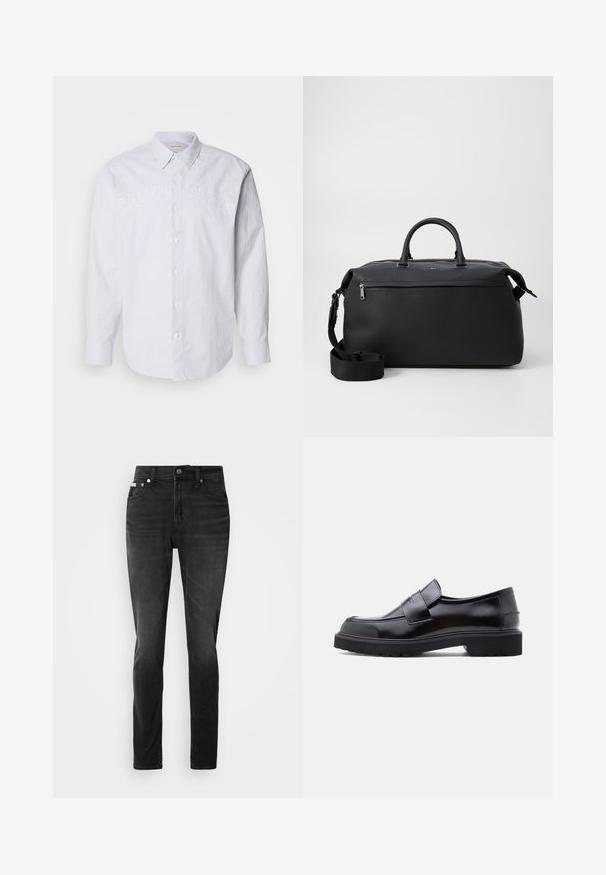 Weißes Langarmhemd aus Leinen mit vertikalen blauen Streifen, mit einer durchgehenden Knopfleiste und geprägtem "CALVIN KLEIN"-Logo auf der Brust.; Schwarze Jeans aus Denim mit schmaler Passform, fünf Taschen und Knopfverschluss. Mit einem subtilen Verblassen und Nähakzenten an den Taschen.; Schwarzer Leder Slipper mit elegantem Design, abgerundeter Schuhspitze und dicker, strukturierten Gummisohle. Mit einem dekorativen Riemen quer über der Vorderseite.; Schwarze Leder-Reisetasche mit zwei Oberhandgriffen, einem abnehmbaren Schultergurt und einer Reißverschlusstasche auf der Vorderseite für zusätzlichen Stauraum.