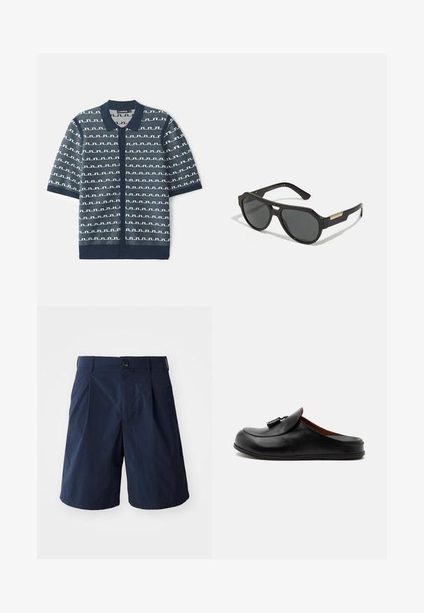 Marineblå kortærmet strikket cardigan med et geometrisk hvidt mønster, knaplukning og klassisk krave. Tekstiler med kontrasterende accenter.; Mørkeblå shorts lavet af letvægtsstof, med knappelukning, sidelommer og et enkelt design med plissee foran.; Sort læder rygfri loafer med kvaster på toppen, vist fra siden på en lys ensfarvet baggrund.; Sorte solbriller med en geometrisk stel, tonede linser og guld accenter på stængerne. Glat plastmateriale med en mat overflade.
