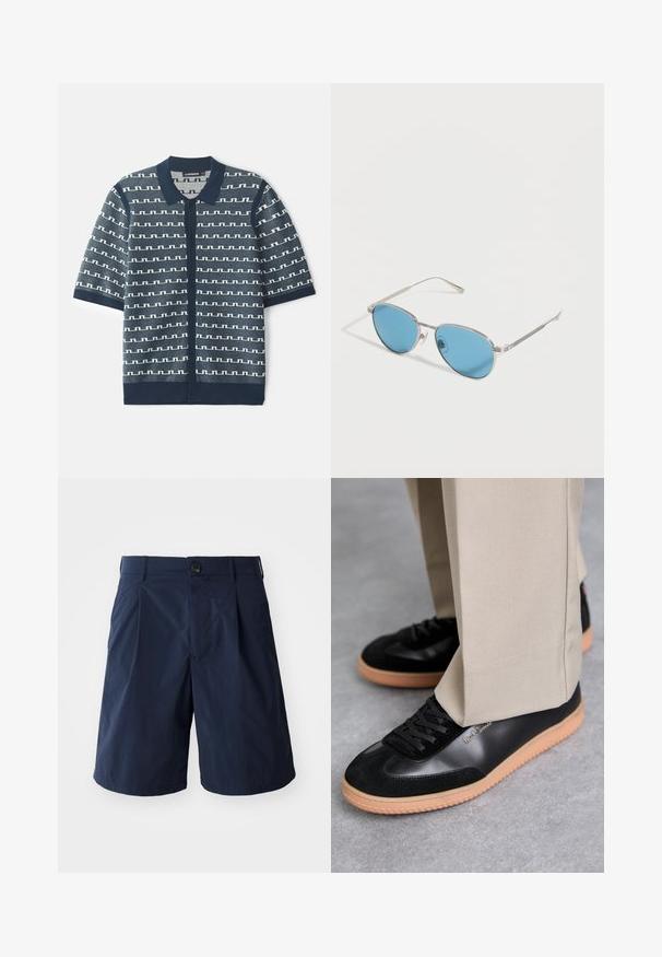 Marineblå kortærmet strikket cardigan med et geometrisk hvidt mønster, knaplukning og klassisk krave. Tekstiler med kontrasterende accenter.; Mørkeblå shorts lavet af letvægtsstof, med knappelukning, sidelommer og et enkelt design med plissee foran.; Paul Smith COMO - Sneakers - black; Solbriller med sølvfarvet metalramme med runde blåtonede linser og slanke stænger på hvid baggrund.