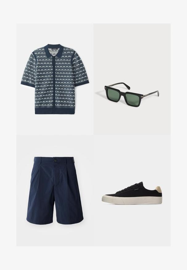 Cardigan tricot à manches courtes bleu marine avec un motif géométrique blanc, fermeture par boutons et col classique. Tissu texturé avec des accents contrastants.; Shorts bleu marine en tissu léger, avec une fermeture à bouton, des poches sur les côtés et un design simple avec des plis à l'avant.; Baskets basses noires avec languette beige au talon, semelle en caoutchouc blanche épaisse, lacets noirs et petite étiquette "PS Paul Smith" sur le côté.; Lunettes de soleil noires à monture rectangulaire avec verres teintés verts et détails de charnière argentés sur fond blanc.