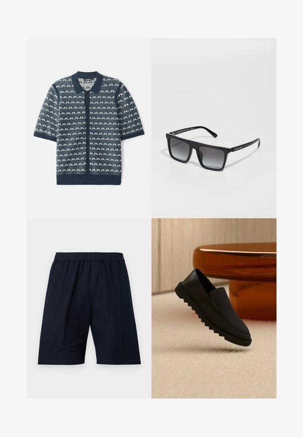 Navy-blaues kurzärmliges Strick-Cardigan mit einem geometrischen weißen Muster, Knopfverschluss und klassischem Kragen. Strukturierter Stoff mit kontrastierenden Akzenten.; Marineblaue Herren-Shorts mit elastischem Bund, geraden Beinen, knielang und Seitentaschen an den Seitennähten.; Schwarzer Slip-On-Schuh mit dicker, gerillter Sohle, der über einem beigen Teppich vor einem runden bernsteinfarbenen Tisch schwebt.; Schwarze quadratische Sonnenbrille mit Verlaufslinsen, schlankem Acetatrahmen, subtilen Hardware-Akzenten und dem Markennamen "Michael Kors" auf den Bügeln.
