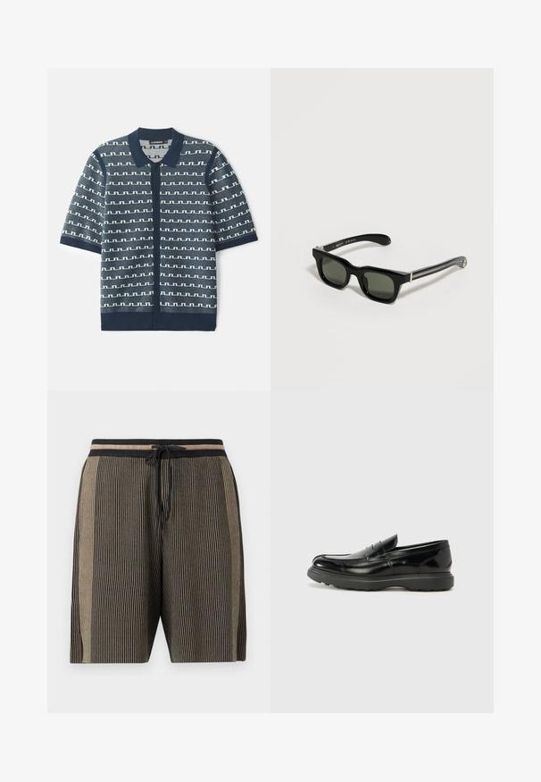 Cardigan tricot à manches courtes bleu marine avec un motif géométrique blanc, fermeture par boutons et col classique. Tissu texturé avec des accents contrastants.; Shorts en maille mi-longueur avec des rayures verticales noires et beiges, taille élastique et lien de serrage noir à l'avant.; Mocassin en cuir noir avec une finition brillante, bout arrondi, détails de couture subtils et semelle en caoutchouc épaisse pour la durabilité.; Lunettes de soleil rectangulaires noires avec des montures épaisses et des verres foncés reposant sur une surface claire.
