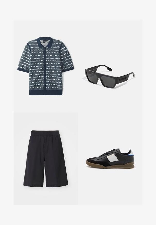 Marineblå kortærmet strikket cardigan med et geometrisk hvidt mønster, knaplukning og klassisk krave. Tekstiler med kontrasterende accenter.; Sorte shorts lavet af blødt stof, med elastisk talje og sidelommer, i en løs pasform og lige ben-design.; Sorte læder- og ruskinds sneakers med en grå panel, brun gummisål og blå detaljer på hælen. Har snørebånd og præget logo.; Sorte solbriller med rektangulær form, mat finish og grå linser. Har et prægede logo på stængerne. Klassisk design.