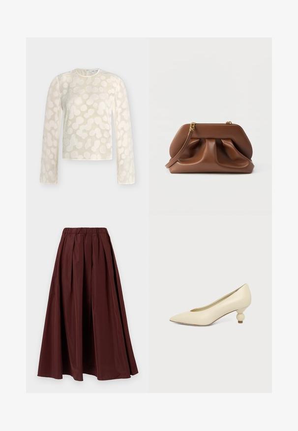 Blouse crème à manches longues avec motif de points abstraits en relief, col rond et fermeture à boutons dans le dos.; Jupe longue bordeaux avec un design plissé et une ceinture élastique. Texture lisse, forme pleine, et longueur jusqu'au sol.; Chaussure femme couleur crème à bout pointu avec un petit talon rond en forme de boule, sur fond uni.; Pochette en cuir marron avec design froncé, quincaillerie dorée et bracelet amovible, sur fond blanc.