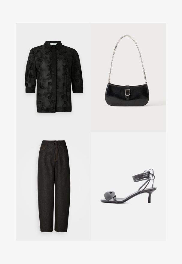 Chemise noire avec broderies florales, manches longues et col. Tissu transparent avec une finition texturée et des détails complexes.; Pantalons en denim noir au fit ample, avec une taille haute, des coutures orange et deux poches avant. Tissu texturé avec un subtil scintillement.; Sandale à talon en cuir gris avec une bride nouée sur les orteils et des lacets enroulants autour de la cheville, sur un talon moyen et fin, sur fond blanc.; Sac à épaule en cuir verni noir avec détail de boucle argentée et bandoulière en chaîne argentée, présenté sur un fond uni clair.