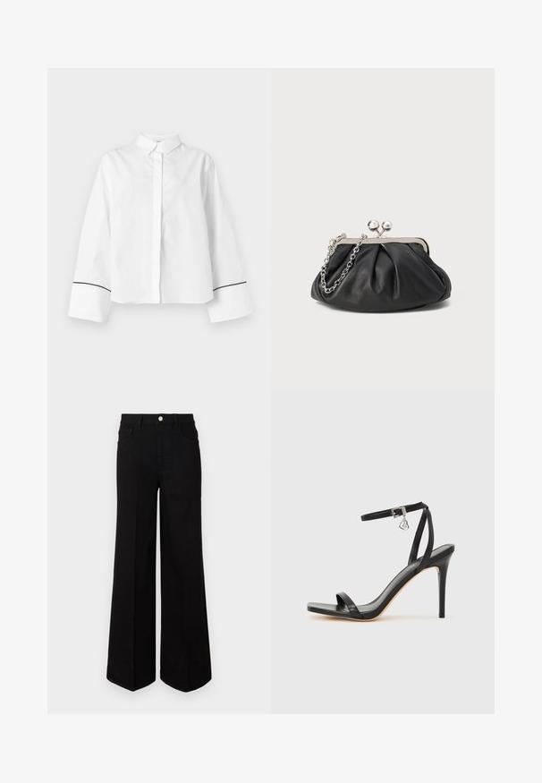 Chemise blanche à manches longues boutonnée, col pointu, larges poignets avec fine bordure noire près des extrémités, devant uni et coupe décontractée.; Jean large noir fabriqué dans un tissu robuste, avec une taille haute, des poches avant et une fermeture à bouton à l'avant. Ourlet plat en bas.; Sandale à talon haut noire avec une bride étroite à la cheville, bout carré, cuir lisse et accent de boucle métallique.; Porte-monnaie en cuir noir avec texture froncée, cadre en métal argenté, fermeture à verrouillage kiss-lock et bandoulière en chaîne. Surface lisse et douce.