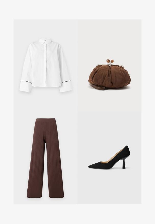 Chemise blanche à manches longues boutonnée, col pointu, larges poignets avec fine bordure noire près des extrémités, devant uni et coupe décontractée.; Pantalons larges en tissu côtelé marron foncé, avec une taille haute et une silhouette fluide, mettant en avant la texture et le volume.; Pompe à talons hauts en suède noir avec un bout pointu, dotée d'un talon bloc noir brillant et d'une doublure intérieure lisse.; Petit sac poignet en daim marron doux avec cadre en métal argenté et boules rondes marron de fermeture sur fond clair uni.