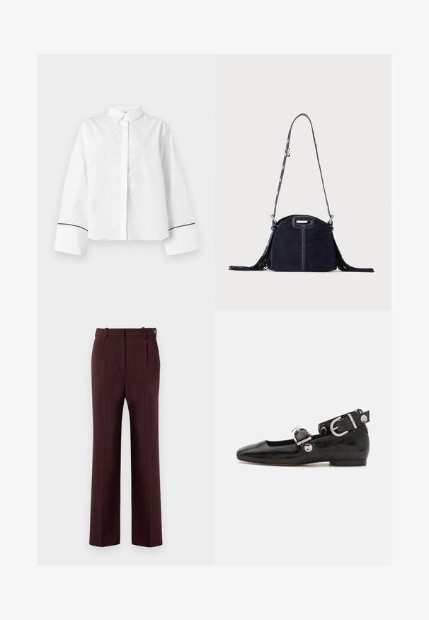 Chemise blanche à manches longues boutonnée, col pointu, larges poignets avec fine bordure noire près des extrémités, devant uni et coupe décontractée.; Pantalons taillés bordeaux avec taille haute, jambe droite et plis. Fabriqués en tissu lisse avec passants de ceinture et sans motifs visibles.; Ballerine en cuir verni noir avec un bout carré, sangle de cheville avec des détails en métal argenté et semelle plate. Texture lisse avec un design minimaliste.; Sac à main en daim bleu foncé avec des coutures blanches, une poignée découpée, une bandoulière à motif et de longues franges des deux côtés.