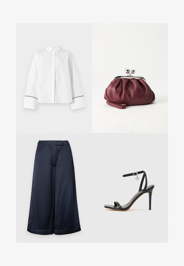 Chemise blanche à manches longues boutonnée, col pointu, larges poignets avec fine bordure noire près des extrémités, devant uni et coupe décontractée.; Pantalon large bleu marine, coupé court, avec passants de ceinture, fermeture éclair à l'avant, et finition satinée lisse, sur un fond clair uni.; Sandale à talon haut noire avec une bride étroite à la cheville, bout carré, cuir lisse et accent de boucle métallique.; Petit sac pochette en cuir bordeaux avec fermoir métallique argenté et bracelet sur fond blanc.