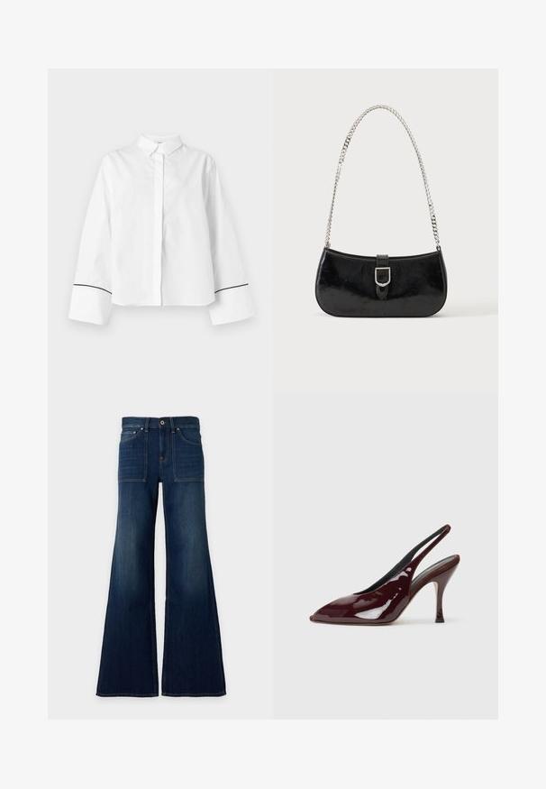 Chemise blanche à manches longues boutonnée, col pointu, larges poignets avec fine bordure noire près des extrémités, devant uni et coupe décontractée.; Jean en denim bleu foncé à taille haute, jambes larges, poches plaquées devant et fermeture par bouton à la taille.; NEOUS HAMAL - Escarpins à talons hauts - dark chocolate; Sac à épaule en cuir verni noir avec détail de boucle argentée et bandoulière en chaîne argentée, présenté sur un fond uni clair.