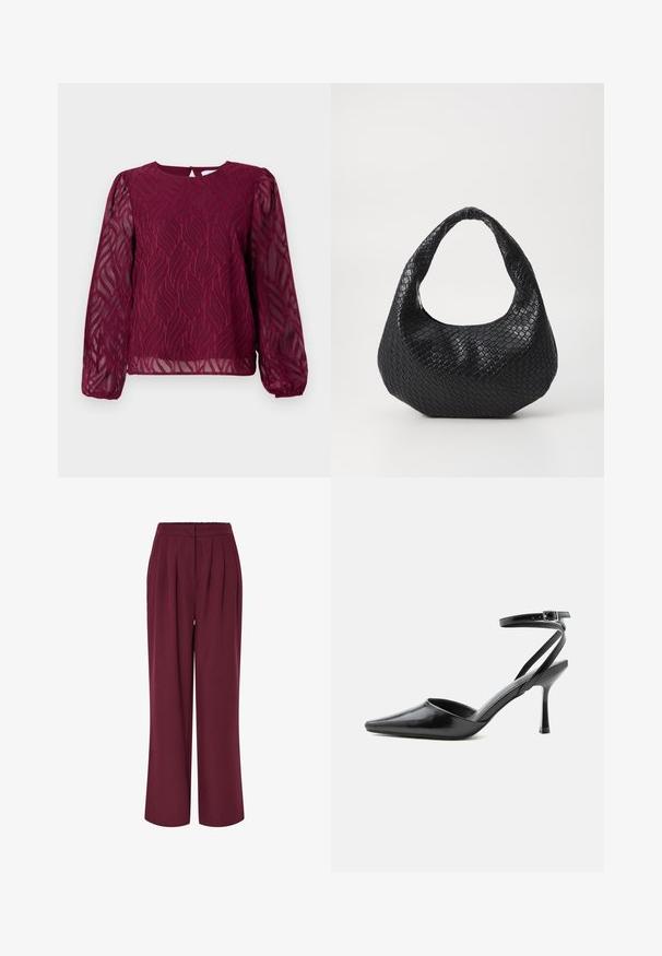 Blouse bordeaux à manches longues transparentes, ornée d'un motif de feuilles en broderie et d'un col rond avec une fermeture par un trou de clé au dos.; Pantalon taille haute à jambes larges en bordeaux foncé avec plis à l’avant et fermeture dissimulée à l’avant.; Escarpin noir à bout pointu avec fines brides de cheville et fermeture à boucle argentée sur fond clair uni.; Sac à main tissé noir avec une poignée courbée, présentant une surface texturée et une forme décontractée. Fini lisse avec une silhouette organique.