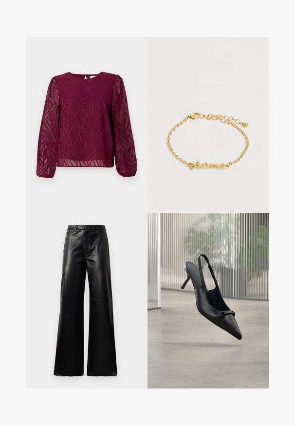 Blouse bordeaux à manches longues transparentes, ornée d'un motif de feuilles en broderie et d'un col rond avec une fermeture par un trou de clé au dos.; Pantalons larges en faux cuir noire taille haute avec bouton avant, fermeture éclair, passants de ceinture et poches latérales sur fond blanc.; Chaussure à talon haut à bride arrière en cuir noir texturé avec un bout pointu et une petite boucle décorative, flottant au-dessus d'un sol lisse.; Bracelet chaîne ton or avec maillons réglables et un pendentif « Mama » au centre sur fond blanc.