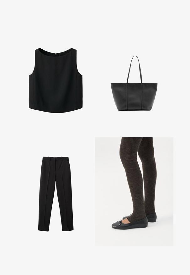 Haut noir sans manches avec un col rond et une texture de tissu lisse. Il possède une fermeture éclair discrète au dos et un ourlet droit.; Pantalon noir en tissu lisse, doté d'une coupe droite, de plis, et d'une fermeture simple. Style classique et polyvalent.; Jambes portant des leggings côtelés foncés associés à des ballerines noires avec de petits détails en nœud sur fond blanc.; Sac cabas en cuir noir avec de longues anses fines, une surface texturée et une ouverture large en haut.