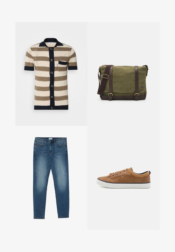 Kortærmet, knap-op strik cardigan i creme, brun og marineblå striber. Har et struktureret væv og en enkelt brystlomme.; Denimjeans i midtblå med en falmet vask, fem-lomme design, lige ben pasform og broderede detaljer. Knap- og lynlåslukning.; Brune lædersneakers med rund tå, hvid sål og marineblå accenter. Har metaløjer og en tekstureret krave.; Grøn stof messenger taske med brune læderdetaljer, en frontklap, justerbar skulderrem og lynlåslukning på toppen. Har guld hardware.