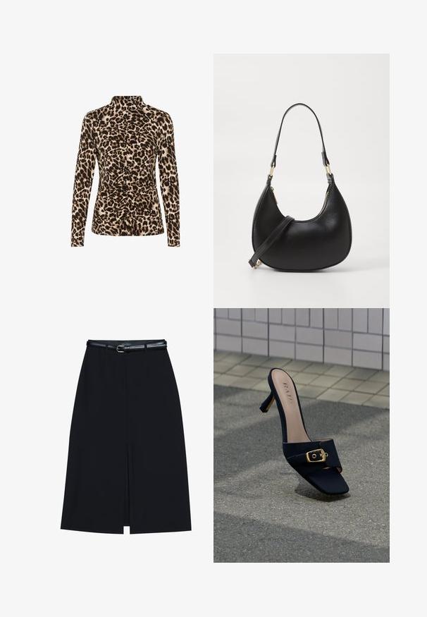 Top de manga larga con cuello alto, estampado de leopardo en tonos marrón y beige, con detalles de fruncido en la parte frontal para dar forma.; Falda negra hasta la rodilla con una abertura en la parte delantera, hecha de tejido suave. Presenta un delgado cinturón negro con una hebilla plateada y pasadores para el cinturón.; Mule negro de tacón alto con detalle de hebilla dorada, de la marca "RAID", colocado sobre una superficie texturizada de asfalto cerca de un pavimento con baldosas.; Bolso de mano de cuero negro con forma curva, que cuenta con un cierre superior con cremallera, un asa corta y una correa para el hombro desmontable. Accesorios en dorado.