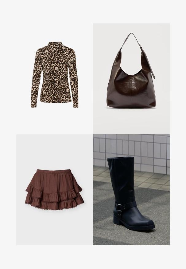 Langærmet top med høj krave, leopardprint i brune og beige nuancer, og med rynkedetaljer foran for formgivning.; Brun lagdelt mini-nederdel med elastisk talje og blonderkantede flæser på en ensartet lys baggrund.; Sort læderstøvle midt på læggen med lav blokhæle og en dekorativ rem med metal spænde rundt om anklen, på en flisebelagt fortov.; Mørkebrunt, skinnende læder skuldertaske med en enkelt bred rem og spændedetalje på den ene side, sat mod en ensartet lys baggrund.