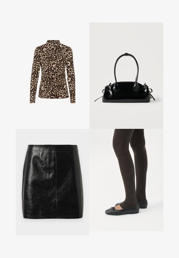 Top de manga larga con cuello alto, estampado de leopardo en tonos marrón y beige, con detalles de fruncido en la parte frontal para dar forma.; Minifalda de piel sintética negra con una textura suave y brillante, que presenta un corte recto y una costura mínima en la cintura.; Piernas con leggings oscuros acanalados combinados con bailarinas negras que presentan pequeños detalles de lazo sobre un fondo blanco.; Pequeño bolso negro brillante con dos asas largas y detalles de cordón lateral sobre un fondo claro liso.