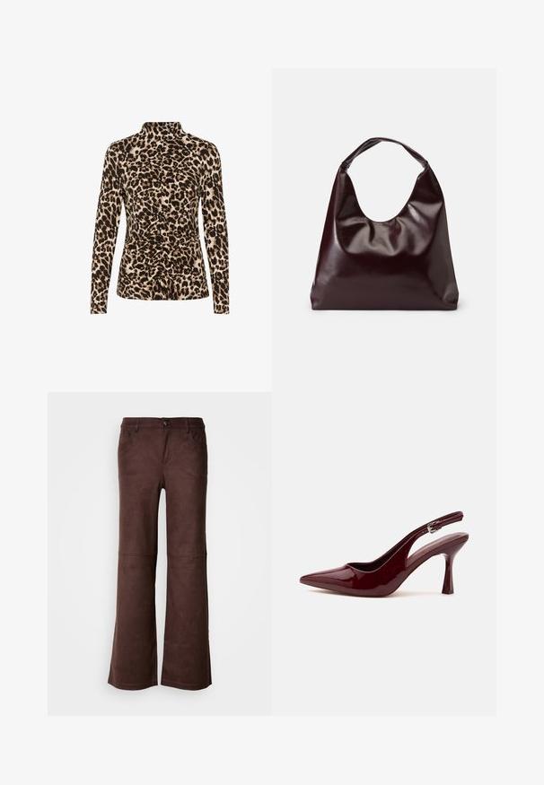 Top de manga larga con cuello alto, estampado de leopardo en tonos marrón y beige, con detalles de fruncido en la parte frontal para dar forma.; Pantalones de campana marrones en un tejido suave y parecido al ante. Presentan cuatro bolsillos, un cierre de botón y una superficie lisa y texturizada.; Zapato de tacón alto con puntera puntiaguda y tira trasera en color rojo oscuro brillante, con una delgada correa ajustable y tacón de aguja afilado sobre fondo blanco.; Bolso tote vegan de cuero brillante en burdeos, con una forma suave y escultórica y un asa ancha y curvada para facilitar el transporte.