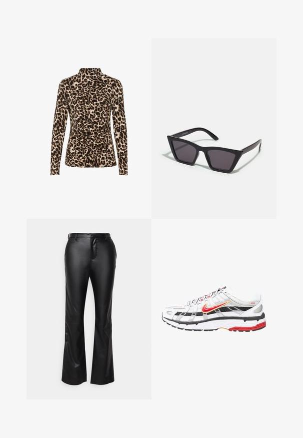Top de manga larga con cuello alto, estampado de leopardo en tonos marrón y beige, con detalles de fruncido en la parte frontal para dar forma.; Pantalones acampanados de piel sintética negra con una textura suave, que cuentan con una cremallera, presillas para cinturón y bolsillos delanteros.; Zapatillas deportivas en blanco y negro con detalles en rojo y dorado. Presentan una parte superior de malla, una suela acolchada y un diseño de cierre con cordones seguro.; Gafas de sol negras y angulares con lentes grises; fabricadas en plástico, con varillas gruesas de superficie suave y sin herrajes visibles.