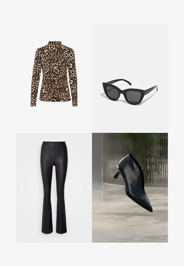 Top de manga larga con cuello alto, estampado de leopardo en tonos marrón y beige, con detalles de fruncido en la parte frontal para dar forma.; Pantalones acampanados negros de piel sintética suave con una cinturilla alta y costuras detalladas por encima de la rodilla.; Botín negro de cuero con punta afilada, diseño ajustado y tacón de altura media con forma única sobre un suelo de hormigón liso.; Gafas de sol negras en forma de ojo de gato con un acabado mate, que presentan lentes ahumados grises, ángulos pronunciados y brazos laterales elegantes. Nombre de la marca visible en el interior del brazo.