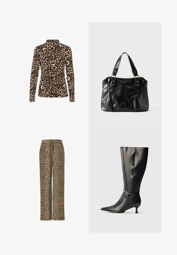 Top de manga larga con cuello alto, estampado de leopardo en tonos marrón y beige, con detalles de fruncido en la parte frontal para dar forma.; Pantalones con estampado de leopardo en beige y marrón, confeccionados en tela suave, con un corte relajado y cintura elástica para mayor comodidad.; Bota negra de cuero hasta la rodilla, con punta afilada y tacón bajo tipo kitten, mostrada sobre un fondo claro y sencillo.; Bolso de cuero negro para el hombro con doble asa unida por anillas y remaches dorados, superficie lisa y ligeramente brillante, diseño sencillo.