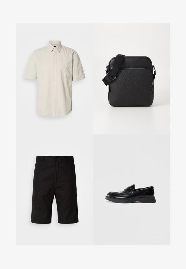 Chemise beige clair à manches courtes avec boutons, une poche poitrine unique et un col pointu classique, présentée sur un fond blanc.; Shorts noirs en tissu uni, avec une coupe droite, fermeture à bouton et une texture lisse sans motifs visibles.; Mocassins en cuir noir avec une finition lisse, présentant un panneau avant rehaussé et un accent rouge contrastant sur la semelle. Semelle extérieure en caoutchouc plate.; Sac bandoulière en cuir noir avec une surface texturée, doté d'une poche zippée à l'avant, d'une bandoulière ajustable et d'accents en métal.