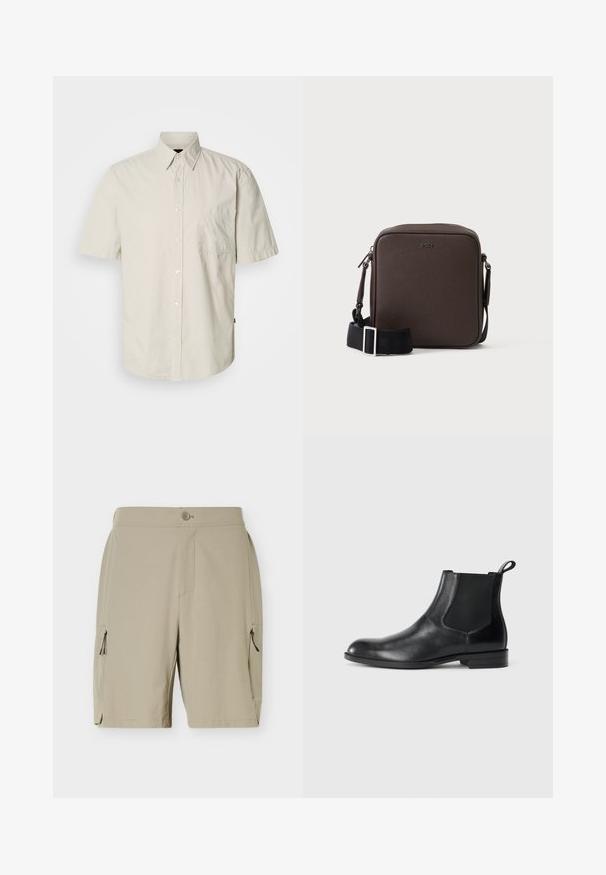 Chemise beige clair à manches courtes avec boutons, une poche poitrine unique et un col pointu classique, présentée sur un fond blanc.; Shorts beiges mi-genoux avec fermeture à boutons et poches zippées de chaque côté, conçus pour un usage décontracté ou en plein air.; Bottine en cuir noir avec des panneaux latéraux élastiques, bout rond et tirette. Texture lisse, semelle plate, design minimaliste.; Petit sac bandoulière en cuir marron avec une bandoulière noire réglable et des boucles argentées, embossé avec le logo BOSS au centre devant.