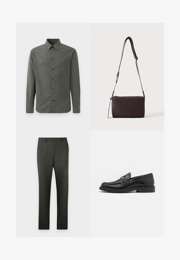 Dlhý rukáv, button-up košeľa v tmavozelenej farbe, vyrobená z textúrovanej tkaniny. Obsahuje klasický golier a päť predných gombíkov.; Tmavosivé pánske šité spoločenské nohavice s pútkami na opasok a prednou záhybou, zobrazené na bielom pozadí.; Čierne kožené loafers so zaoblenou špičkou, s pozlátenými kovovými prvkami a detailným šitím, uložené na nízkej, textúrovanej gumenej podrážke.; Tmavohnedá kožená crossbody taška s textúrou, nastaviteľným popruhom a malým dekoratívnym modrým prvkom na boku.