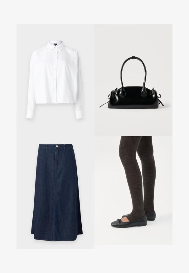 Camisa blanca corta con botón, con un cuello clásico, mangas largas y una tela de algodón suave. Cuenta con cierre de botones en el frente y mangas ajustadas.; Falda midi de mezclilla en azul oscuro, con corte recto, cierre frontal con botones y detalles de costura sutiles a lo largo de las costuras.; Piernas con leggings oscuros acanalados combinados con bailarinas negras que presentan pequeños detalles de lazo sobre un fondo blanco.; Pequeño bolso negro brillante con dos asas largas y detalles de cordón lateral sobre un fondo claro liso.