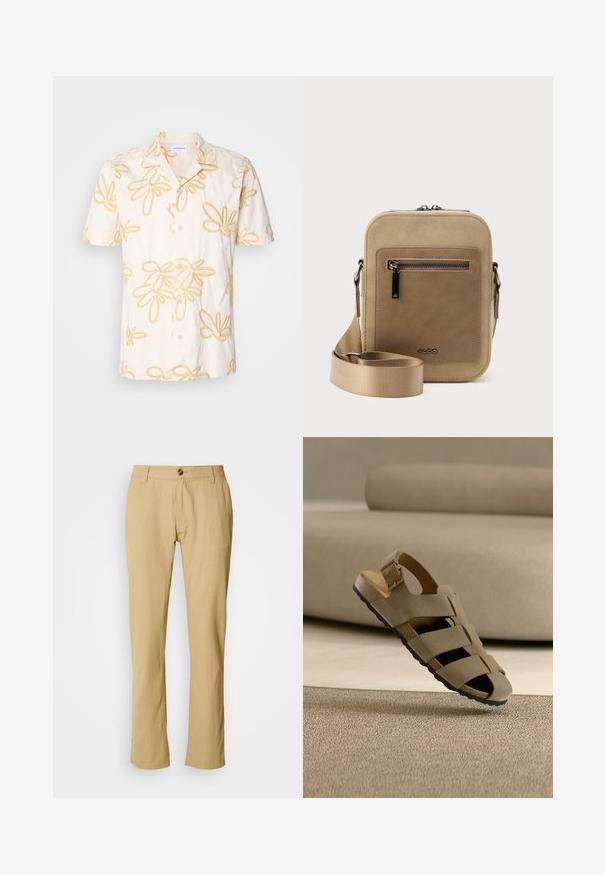 Kortærmet skjorte med et cremet stof og gul blomsterbroderi, knaplukning foran og klassisk kravedesign.; Beige bukser med lige ben, knaplukning og subtil stofstruktur. Ingen mønstre eller yderligere hardware synlig.; Beige sandal med justerbar spænde og sort sål, placeret på tekstureret tæppe i et rum med neutrale farvetoner.; Lille beige crossbody-taske med lynlåslomme foran, metal ALDO-logo, justerbar bred rem og rundet rektangulær form på hvid baggrund.