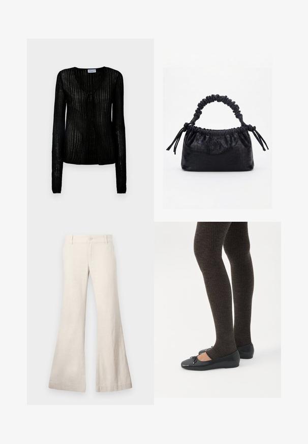 Cardigan noir en maille avec col en V et fermeture par boutons. Manches longues avec un design texturé, léger et un motif en maille ouverte.; Pantalons beiges évasés en tissu léger composé de lin. Présente une fermeture à bouton à l'avant et des poches latérales. Texture lisse, design décontracté.; Jambes portant des leggings côtelés foncés associés à des ballerines noires avec de petits détails en nœud sur fond blanc.; Sac à main noir avec texture crocodile, bord supérieur froncé, poignée plissée et pompons à cordon de chaque côté sur fond blanc.