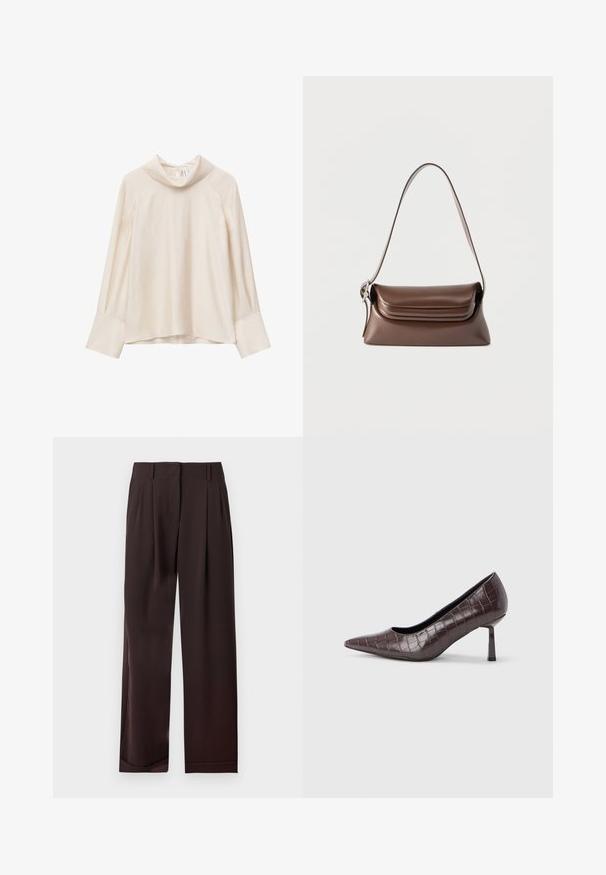 Blouse à manches longues de couleur crème avec une coupe ample, des poignets larges et un col roulé décontracté sur un fond blanc.; Pantalon marron foncé droit avec passants de ceinture et plis à l'avant, présenté à plat sur fond blanc.; Escarpins à bout pointu en similicuir marron avec une texture crocodile, dotés d’un talon fin et angulaire ainsi que d’une doublure intérieure lisse.; Sac à bandoulière en cuir marron avec une boucle argentée sur la sangle et un rabat à rabat, présenté sur un fond blanc.