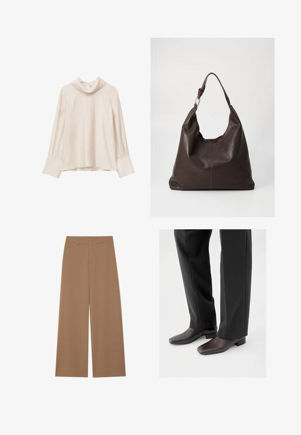 Blouse à manches longues de couleur crème avec une coupe ample, des poignets larges et un col roulé décontracté sur un fond blanc.; Pantalons à jambes larges de couleur marron uni, fabriqués à partir d'un tissu texturé ; dotés d'une taille haute et d'un design structuré avec passants de ceinture.; Chaussures en cuir marron foncé avec un bout carré et un petit talon bloc, portées avec un pantalon noir sur mesure, affichant une apparence élégante et polie.; Zign by Zalando LEATHER - Cabas - chocolate brown