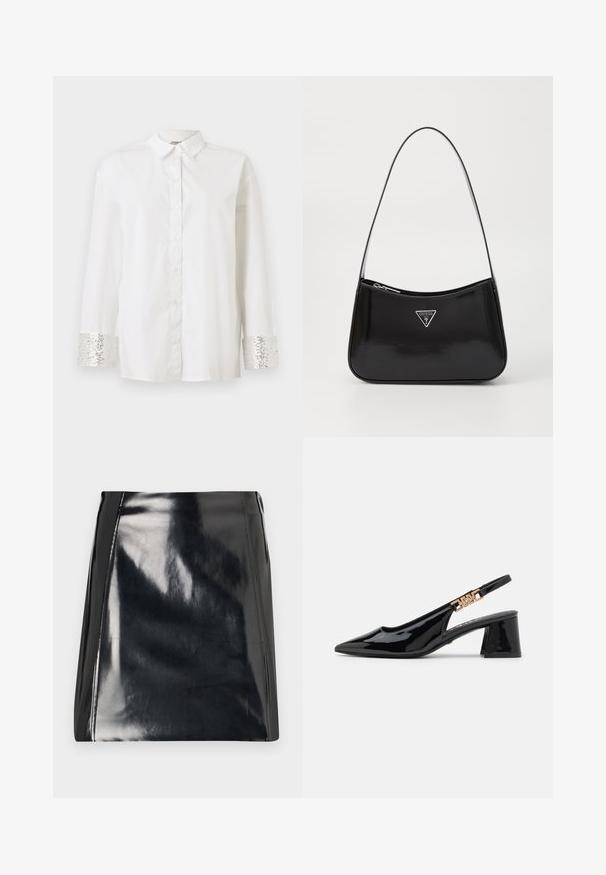 Hvid skjorte med lange ærmer. Manchetten er prydet med sølvfarvede paljetter. Har en standard krave og et lige snit design.; Sort læder mini skirt med en højglans finish. Har synlige syningsdetaljer og en tætsiddende silhuet. Glat tekstur hele vejen igennem.; Sorte patentlæder slingback pumps med spidse tæer og guldfarvet hardware på remmen, med en blokhælhøjder. Glat tekstur.; Sort patenteret læder skuldertaske med en buet form, prydet med et sølvfarvet trekantet logo og en lynlås-lukning. Glat tekstur og slank rem.